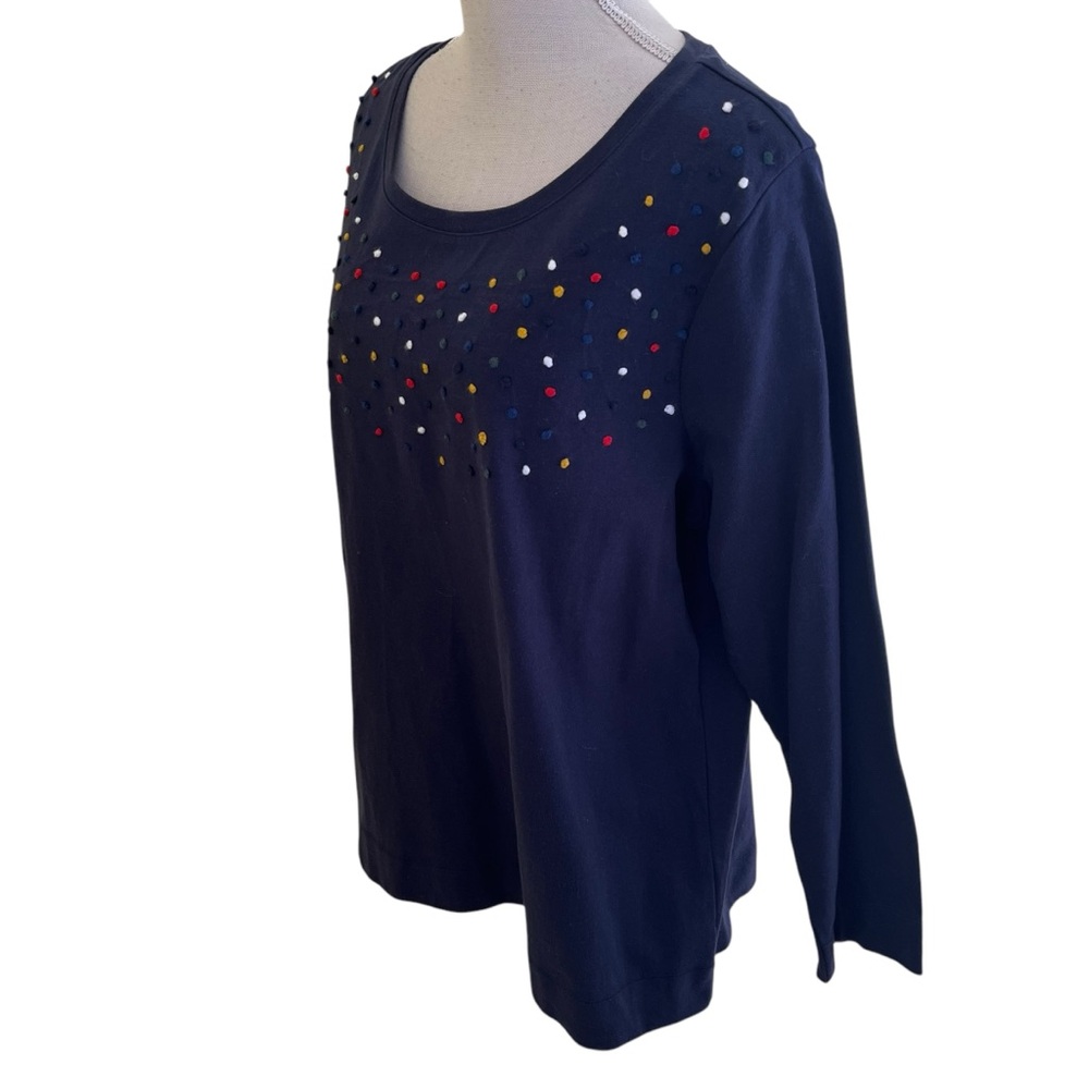 CJ Banks Navy Blue Cotton Scoop Neck Tee with Multi-Color Embroidered Dots - Picture 4 of 9